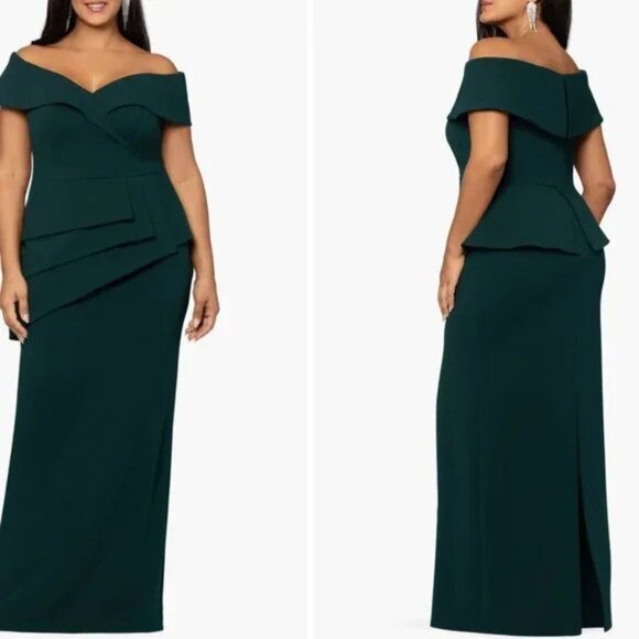 Xscape Dresses & Skirts - New XScape Off the Shoulder Scuba Crepe Column Gown in Pine Green P3636
